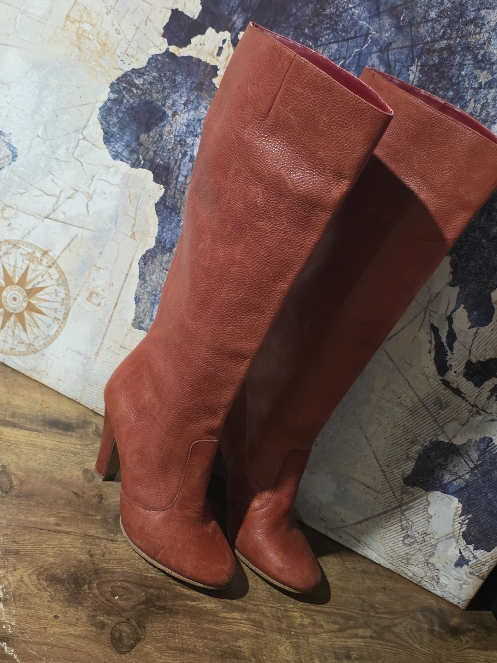 Women's Tall Distressed Red Leather Knee-High Boots, 70s Vibe, Boho